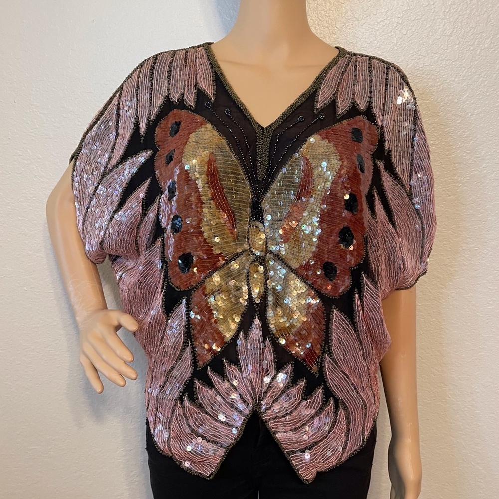 80’s Joan Crawford glamorous vintage handmade sequin beaded butterfly v-n tunic!